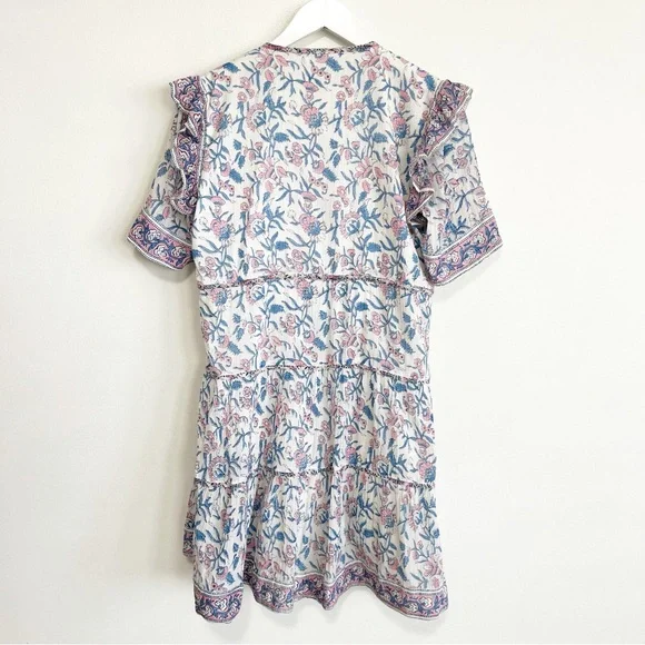 SAYLOR Evelynne Blockprint Floral Mini Tiered Dress Cotton Size Medium - Picture 5 of 9